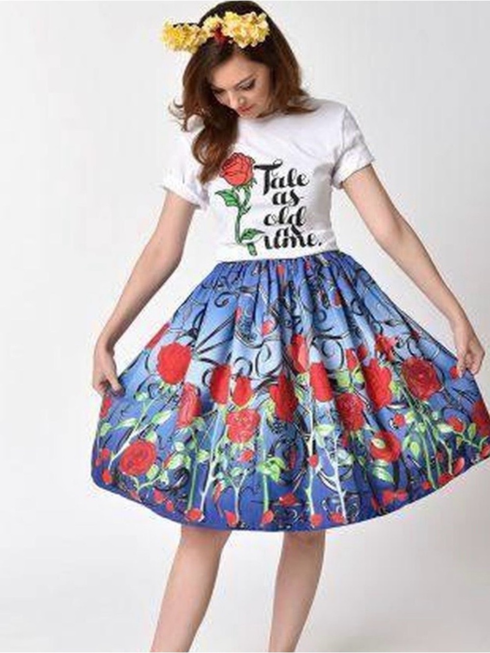 Unique Vintage Beauty and the Beast Rose Print Skater Skirt XL